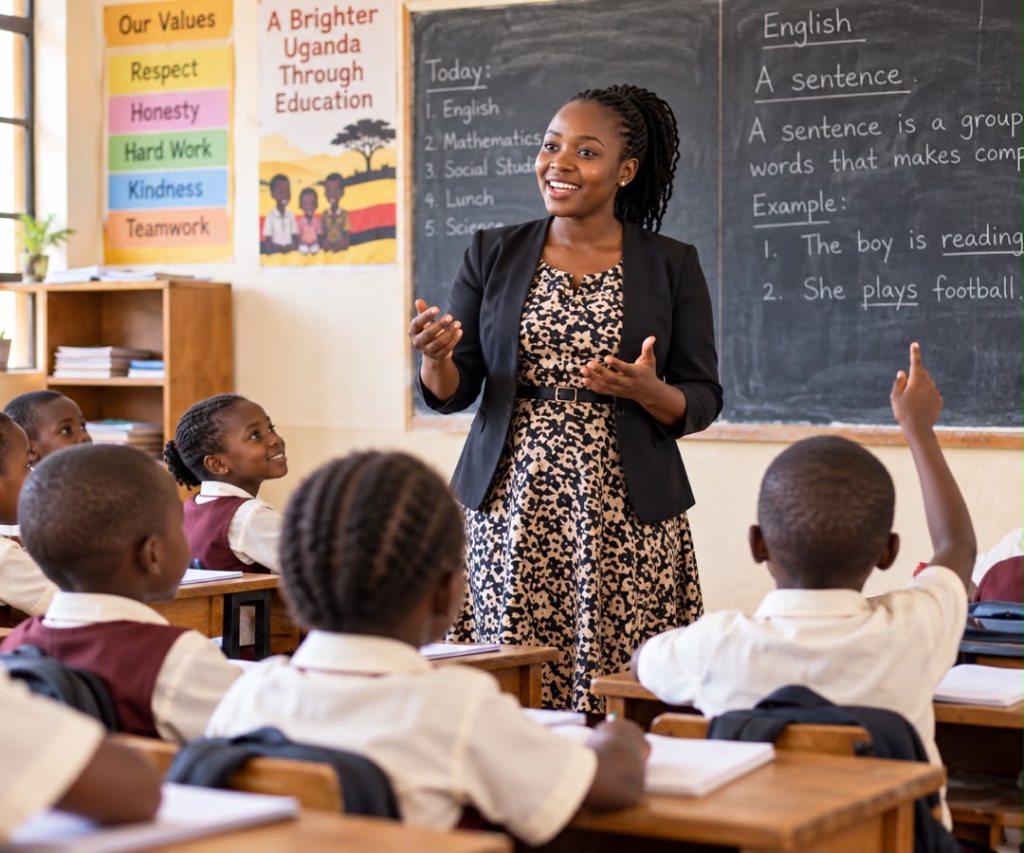 Ugandan teacher engaging students in an active classroom lesson