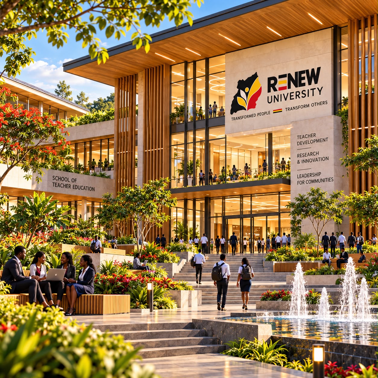 Architectural concept render of Renew University main building, innovation centre, and students collaborating